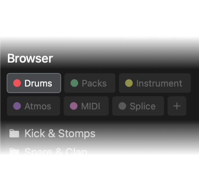 Browser with color-coded collection pills like Drums, Packs and Instrument