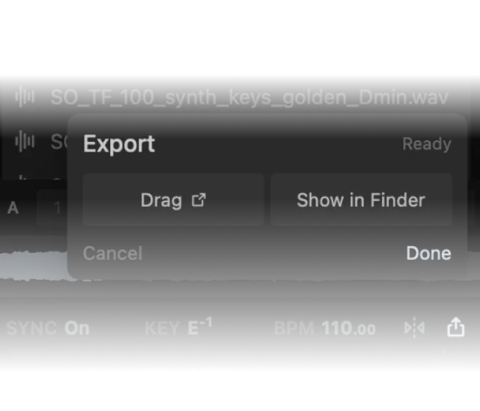 Export card offering Drag and Show in Finder for a rendered sample