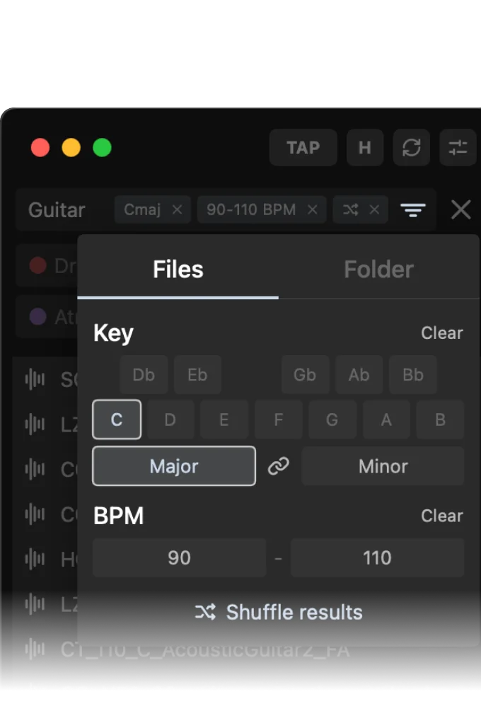Filter panel with key selection, BPM range and shuffle results