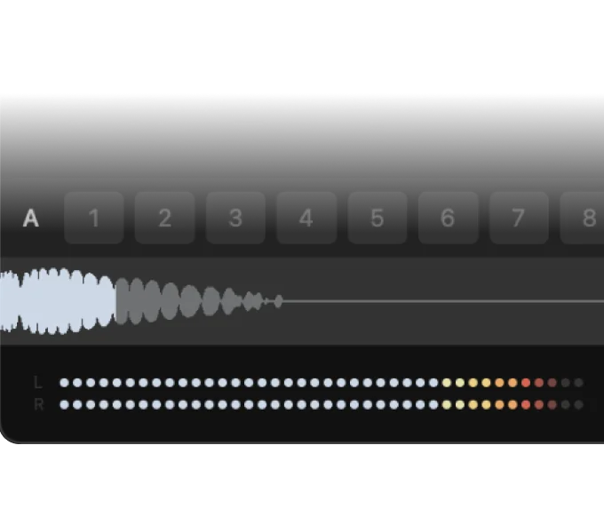 Waveform preview with hotkey slots and a stereo output meter