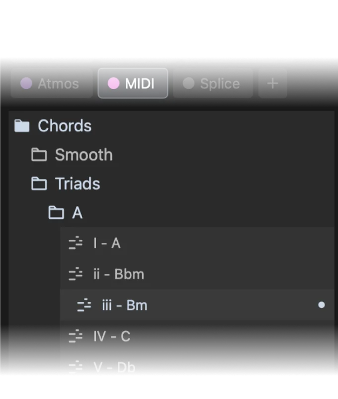 MIDI collection with chord triads listed by roman numerals
