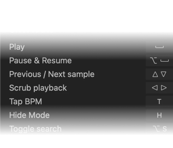 List of keyboard shortcuts for play, pause, scrub, tap BPM and hide mode