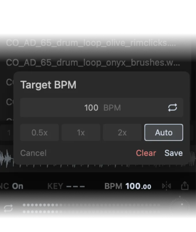 Target BPM card set to 100 with half, single, double and auto folding