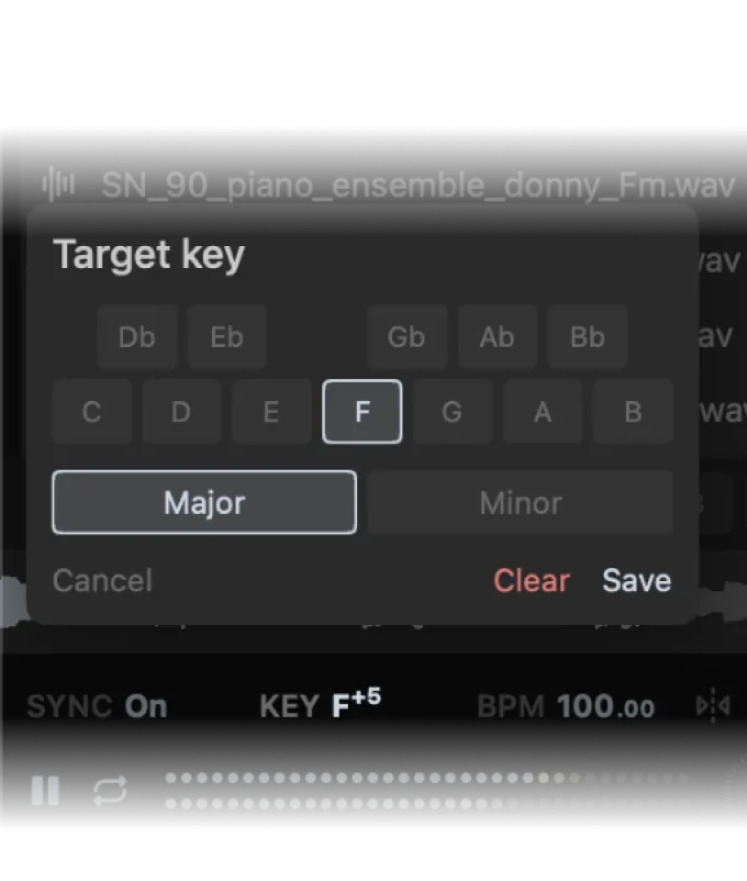Target key picker set to F major above a transposed sample